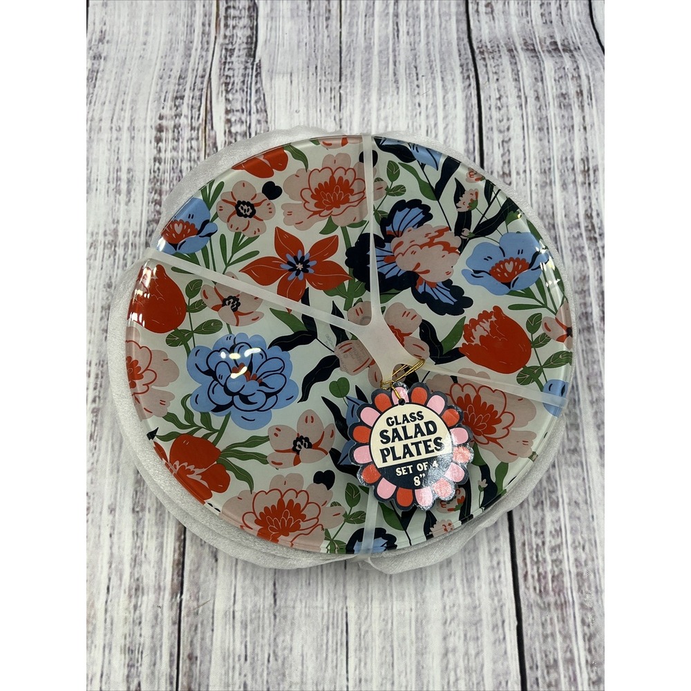TMD Retail Pink Blue Red Glass Floral 8" Salad Plates Set of 4